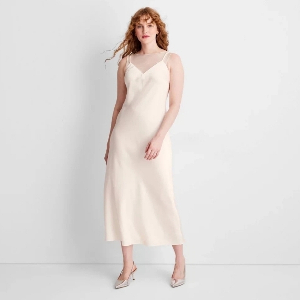 Future Collective Women's Sleeveless Mixed Media Ankle Slip Dress Cream